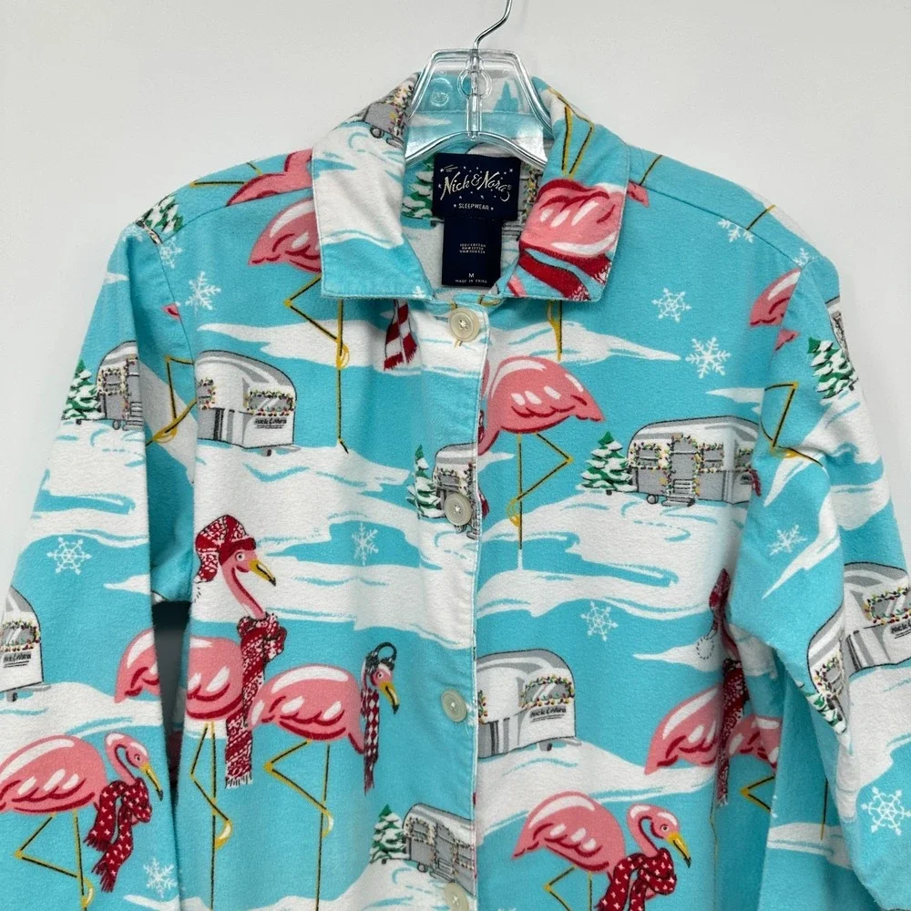 Nick & Nora Pajamas Medium Flannel Flamingo Airstream‎ Camper Set Coastal Boho